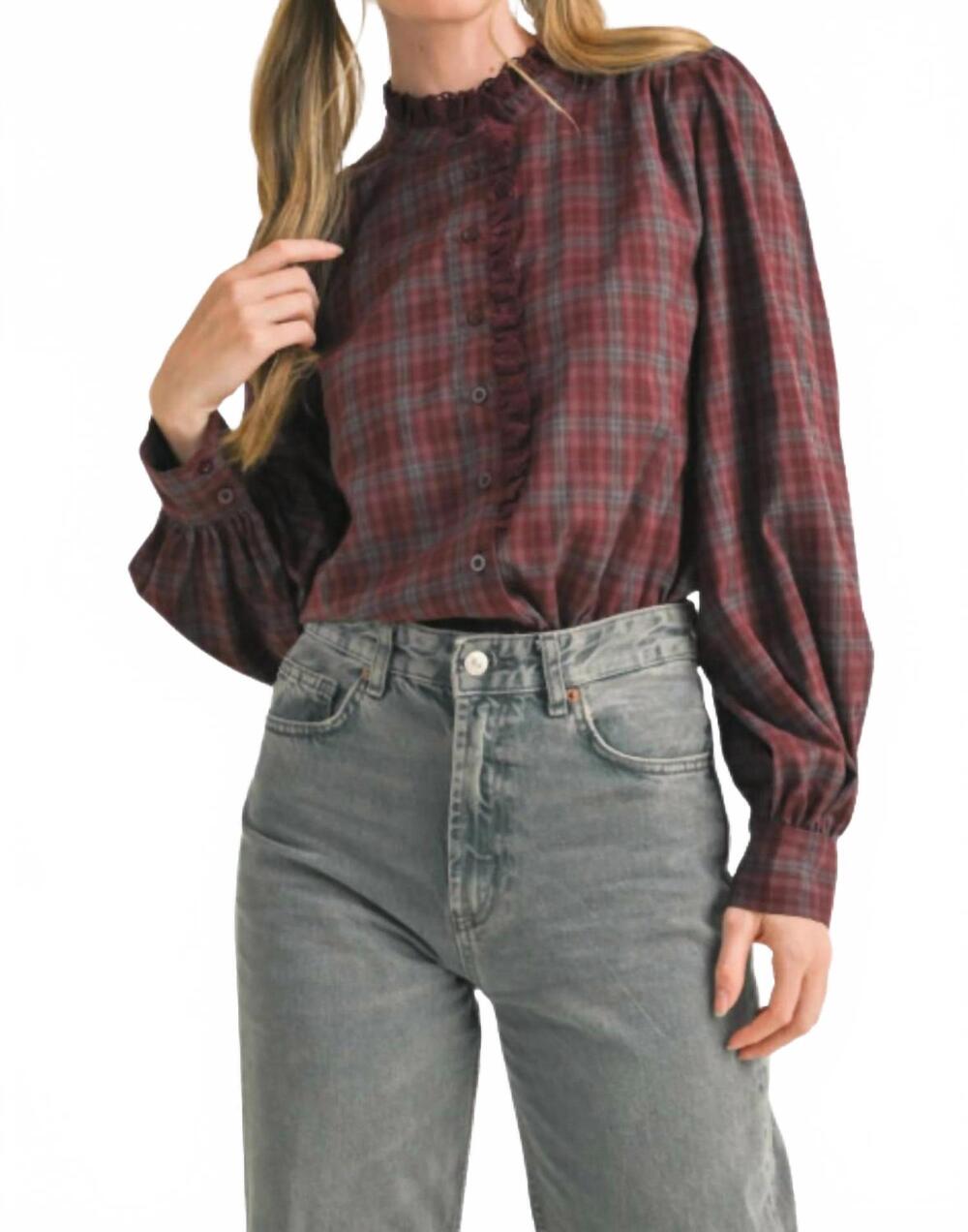 NEW &MERCI winnie button down top in wine plaid
